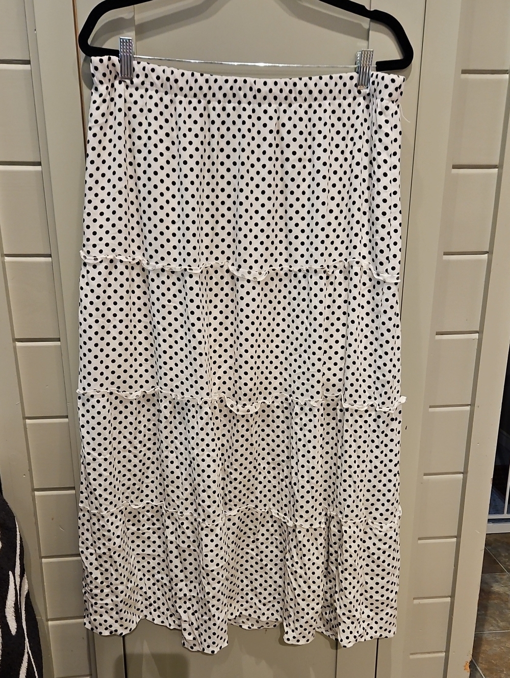 Tiered Polka Dot Maxi Skirt - White with Black Dots Lined W17-23 L35